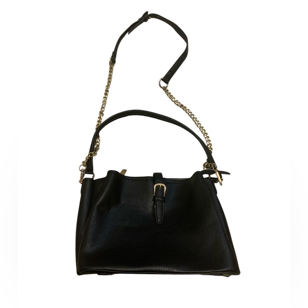Chic Black Vegan Leather Bucket Bag/Satchel with Gold Chain Accents